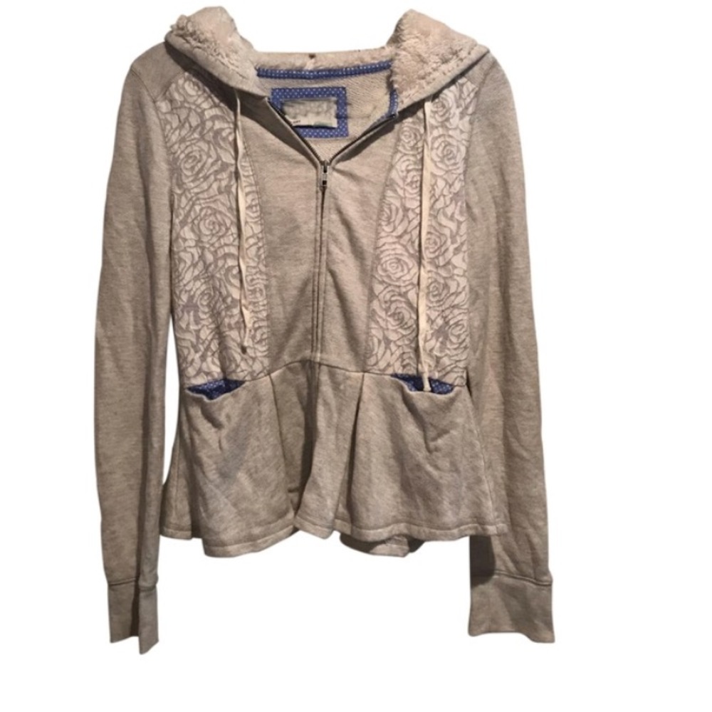 Anthropologie Floral Hooded Peplum Zip Sweater